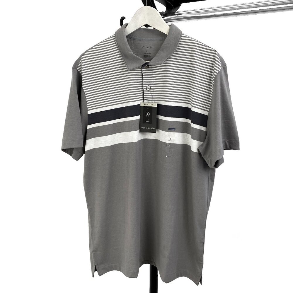 Van Hausen Men's Grey Striped Polo Shirt Short Sleeve Large